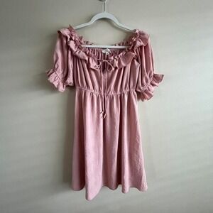 Blush Pink Ruffle Off-Shoulder Mini Dress Size L Puff Sleeve Cottagecore